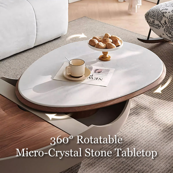 46.8'' Modern Lift-Top Coffee Table with Sintered Stone Top & Wood Base Sculptural Curved Design with Hidden Storage
