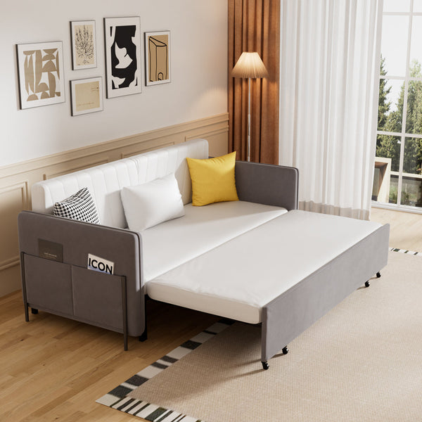 Illustration showing versatile use of sleeper sofa from seating to sleeping mode