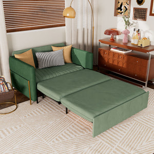 Convertible sofa bed with storage drawer pulled out