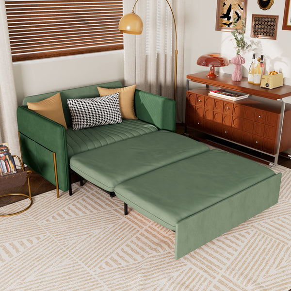 Convertible sofa bed with storage drawer pulled out