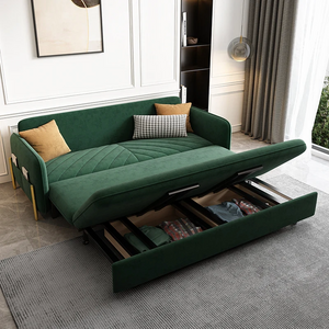 Green velvet sofa bed showing wood and metal frame close-up