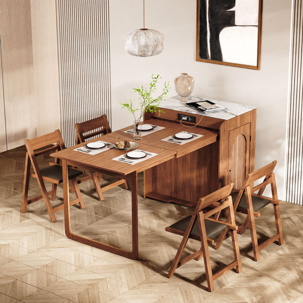 Dining room with wooden freestanding cabinet Murphy dining table and chairs in a well-lit room.