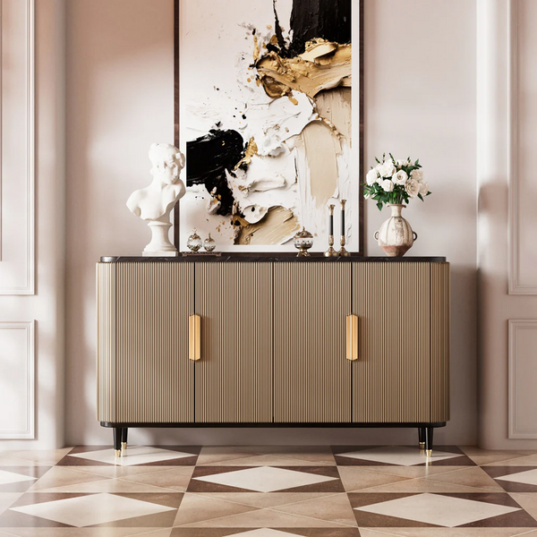 Modern Luxury Dining Set S-Shaped Walnut Base Marble-Effect Table × Gray & Gold Sideboard