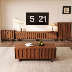 70.8'' Japanese-Style Wood TV Stand with Carved Sliding Doors Minimalist Low Media Console