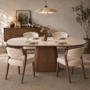 Oval Dining Table Solid Wood Walnut Veneer Base Scratch Resistant Sintered Stone Top Modern Stylish Design