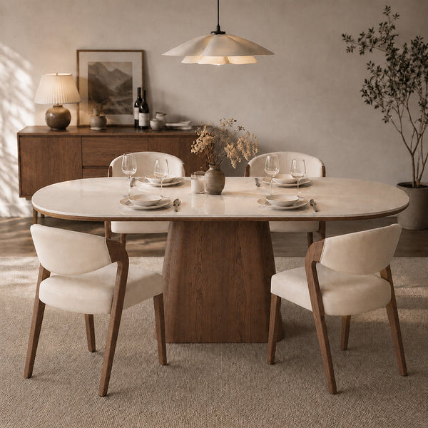 Oval Dining Table Solid Wood Walnut Veneer Base Scratch Resistant Sintered Stone Top Modern Stylish Design