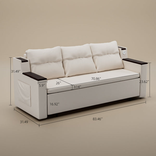 83'' 3-Seater Pull-Out Sleeper Sofa with Storage & USB Port