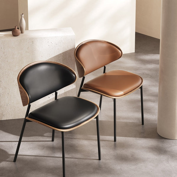 2PCS Mid Century Dining Chair Curved Back Leather Seat Wood Edge Metal Legs