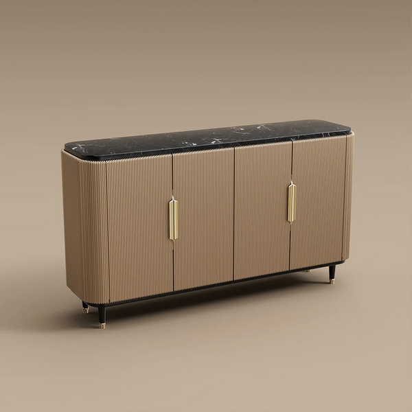 Modern Luxury Dining Set S-Shaped Walnut Base Marble-Effect Table × Gray & Gold Sideboard