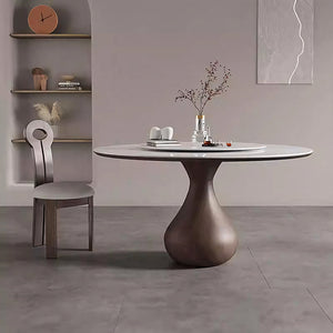 Round Dining Table Wooden Base and Ceramic Stone Top Modern Aesthetic