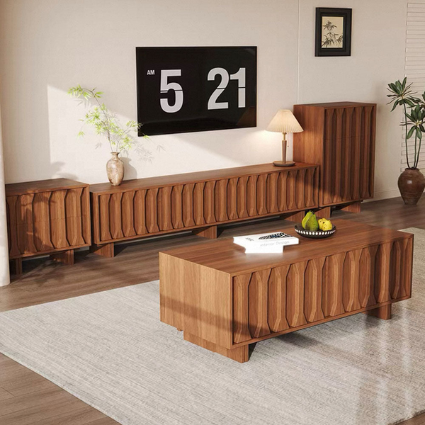 70.8'' Japanese-Style Wood TV Stand with Carved Sliding Doors Minimalist Low Media Console