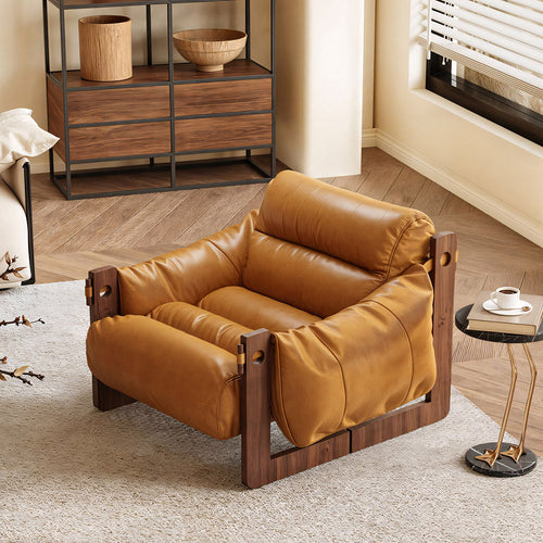 Modern Oil Waxed Leather Lounge Chair Solid Wood Frame Deep Seat Vintage Accent Armchair