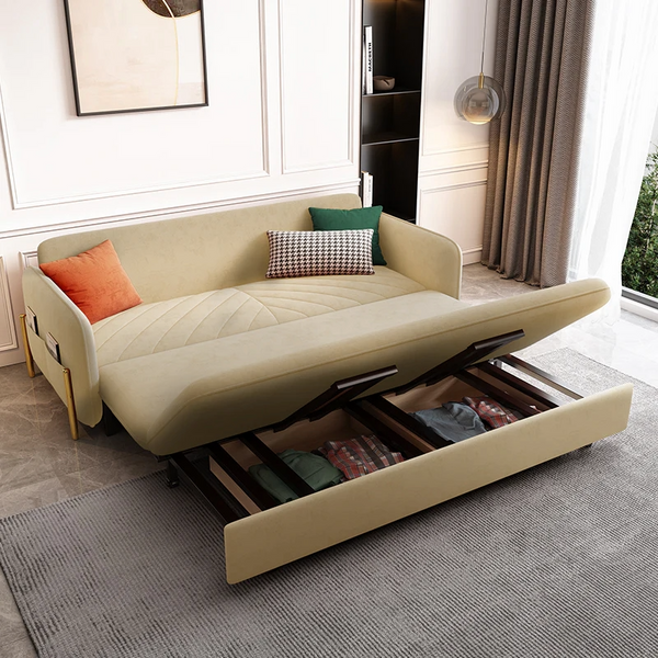 Under-seat storage drawer of sofa bed fully opened showing capacity