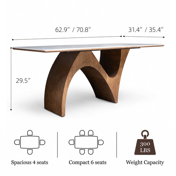 Modern Dining Table with Marble-Like Stone Top and Sculptural Wooden Base