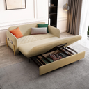 Beige velvet sofa bed with hidden storage drawer open