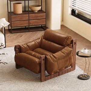 Modern Oil Waxed Leather Lounge Chair Solid Wood Frame Deep Seat Vintage Accent Armchair