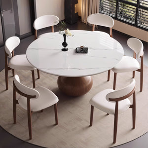 Round Dining Table Wooden Base and Ceramic Stone Top Modern Aesthetic