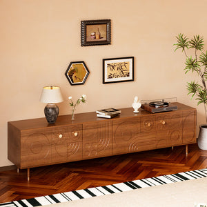 78" Retro TV Stand Carved Geometric Pattern Solid Wood Cabinet Brass-Tipped Legs