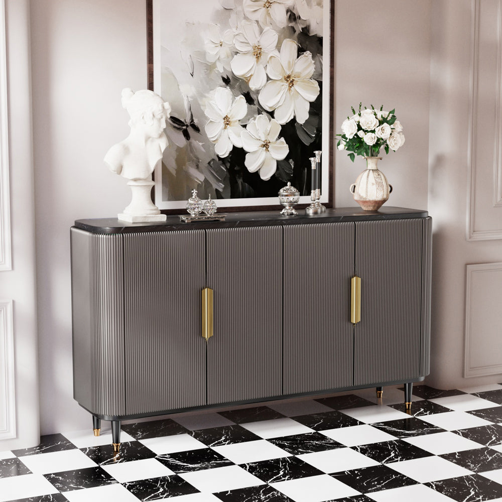59'' Modern Luxury Elegant Gray and Gold Sideboard with Shelves