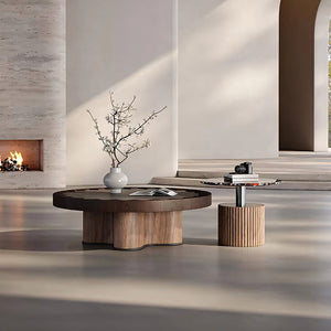 Modern Round Coffee Table Set with Sculptural Base & Glass Accent Side Table Luxury Contemporary Living Room Furniture