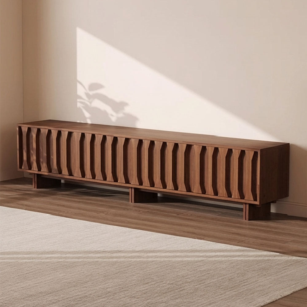 70.8'' Japanese-Style Wood TV Stand with Carved Sliding Doors Minimalist Low Media Console
