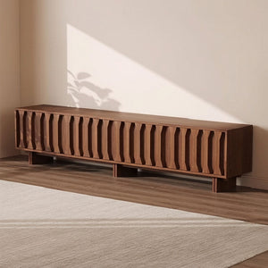 70.8'' Japanese-Style Wood TV Stand with Carved Sliding Doors Minimalist Low Media Console