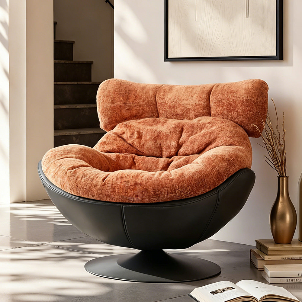Modern Lounge Swivel Chair Linen Upholstered Fabric with Curved Design and Metal Base