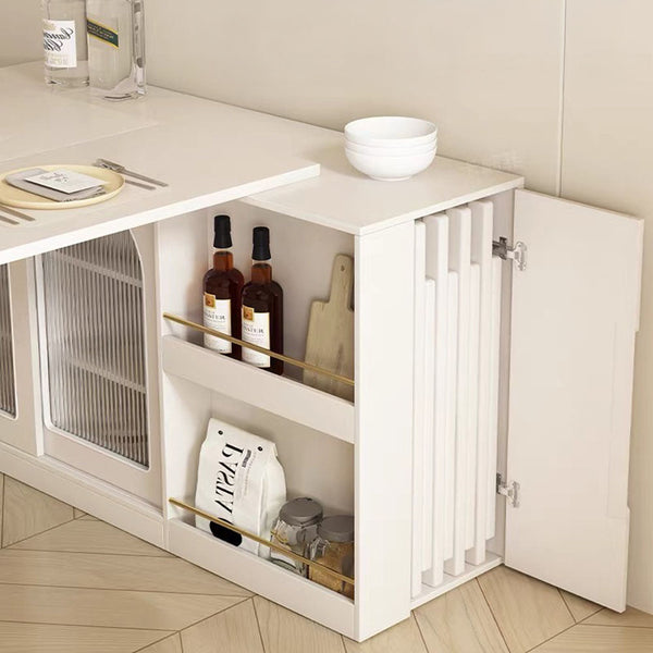 Multi-Functional Dining Table Rotating & Foldable Sideboard Sintered Stone Top Storage Cabinet with Fluted Glass Doors
