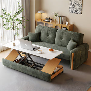 Modern smart sofa bed with built-in electric lift coffee table and hidden storage, upholstered in soft fabric