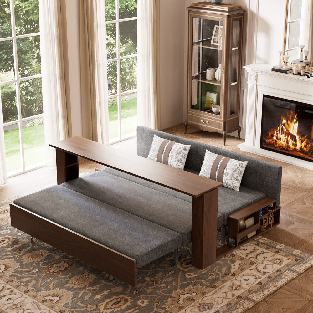 Modern storage sofa bed in grey fabric with smooth clean lines, front view