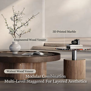Modern Round Coffee Table Set with Sculptural Base & Glass Accent Side Table Luxury Contemporary Living Room Furniture
