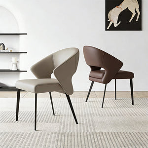 2PCS Modern Curved Upholstered Dining Chair Leather Accent Armchair with Black Metal Legs
