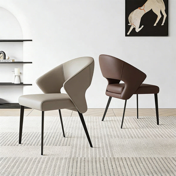 2PCS Modern Curved Upholstered Dining Chair Leather Accent Armchair with Black Metal Legs