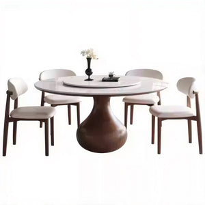 Round Dining Table Wooden Base and Ceramic Stone Top Modern Aesthetic