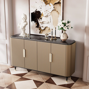 Modern Luxury Dining Set S-Shaped Walnut Base Marble-Effect Table × Gray & Gold Sideboard