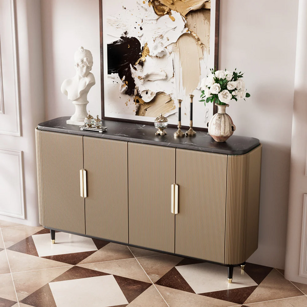 Modern Luxury Dining Set S-Shaped Walnut Base Marble-Effect Table × Gray & Gold Sideboard