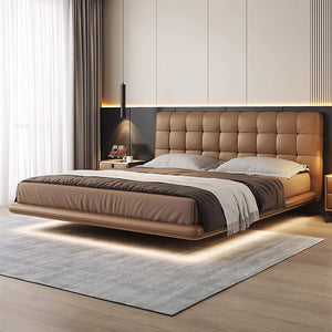 Modern Leather Platform Bed with LED Lighting Ultra-Fiber Leather Steel-Wood Slatted Frame