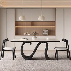 Creative S-shaped Walnut Base Round Dining Table with Marble Effect Surface