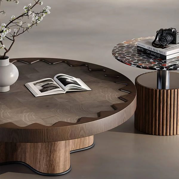 Modern Round Coffee Table Set with Sculptural Base & Glass Accent Side Table Luxury Contemporary Living Room Furniture