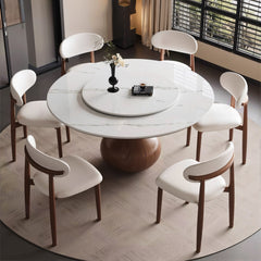 Round Dining Table Wooden Base and Ceramic Stone Top Modern Aesthetic