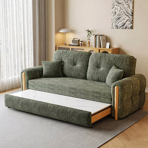 Contemporary sleeper sofa with electric lift coffee table lowered and plush seating