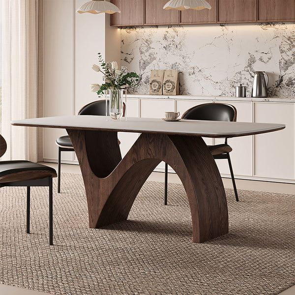 Modern Dining Table with Marble-Like Stone Top and Sculptural Wooden Base