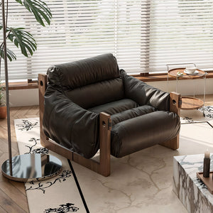 Modern Oil Waxed Leather Lounge Chair Solid Wood Frame Deep Seat Vintage Accent Armchair