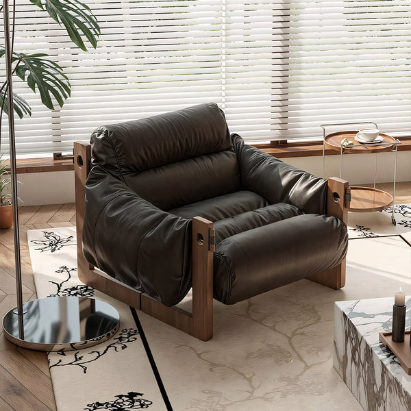 Modern Oil Waxed Leather Lounge Chair Solid Wood Frame Deep Seat Vintage Accent Armchair