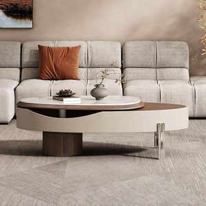 46.8'' Modern Lift-Top Coffee Table with Sintered Stone Top & Wood Base Sculptural Curved Design with Hidden Storage