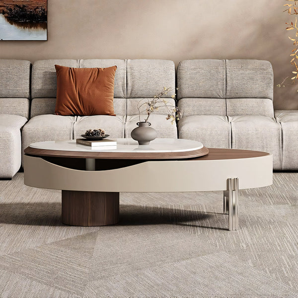 46.8'' Modern Lift-Top Coffee Table with Sintered Stone Top & Wood Base Sculptural Curved Design with Hidden Storage