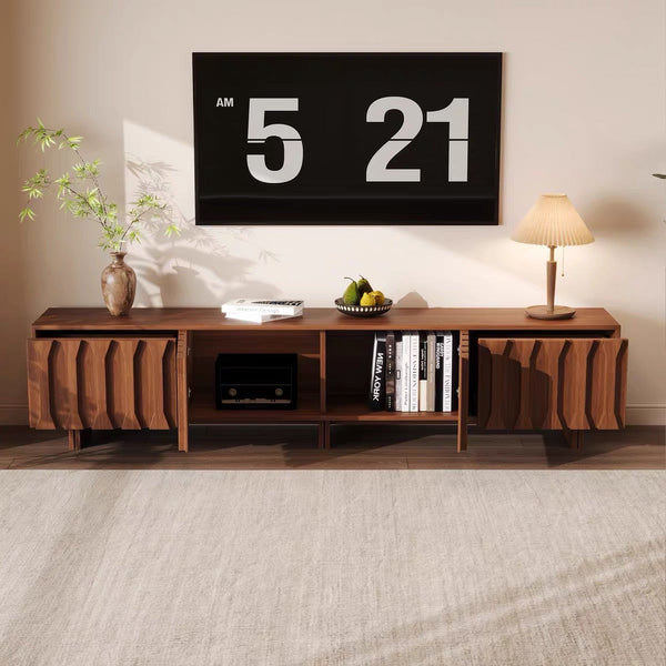 70.8'' Japanese-Style Wood TV Stand with Carved Sliding Doors Minimalist Low Media Console