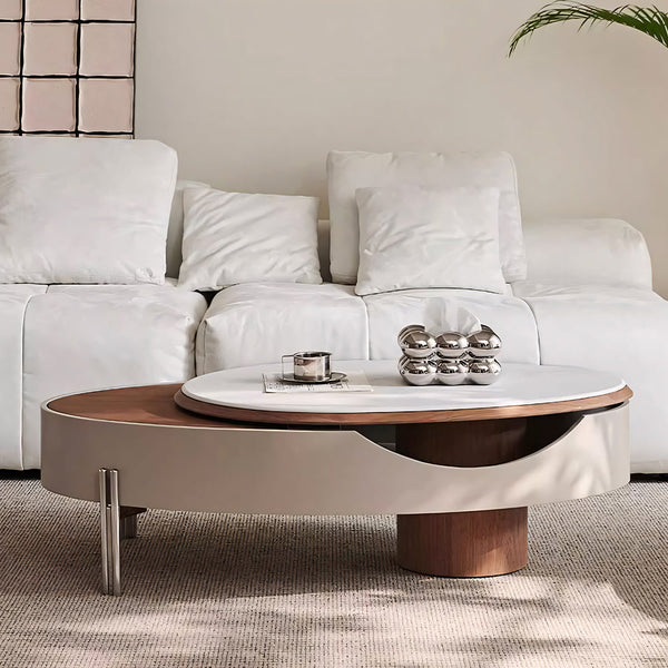 46.8'' Modern Lift-Top Coffee Table with Sintered Stone Top & Wood Base Sculptural Curved Design with Hidden Storage