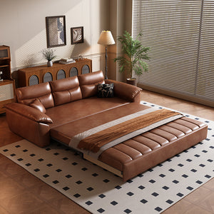 Faux leather sofa bed in coffee brown with hidden under-seat drawers