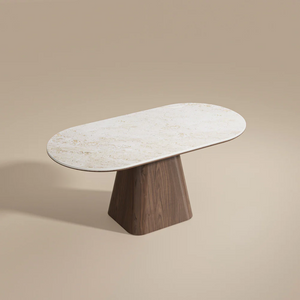 Oval Dining Table Solid Wood Walnut Veneer Base Scratch Resistant Sintered Stone Top Modern Stylish Design